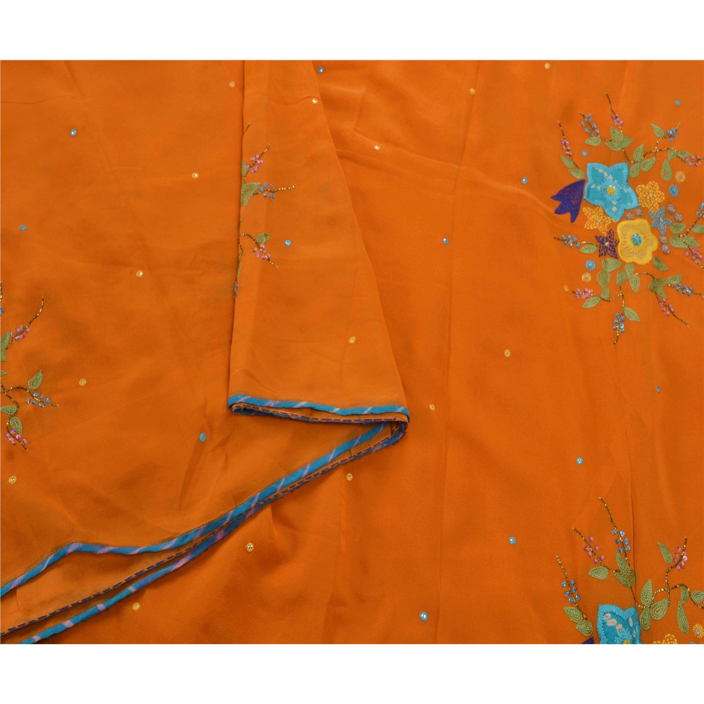 Sanskriti vintage Orange Sarees Georgette Hand Beaded Craft Fabric Premium Sari