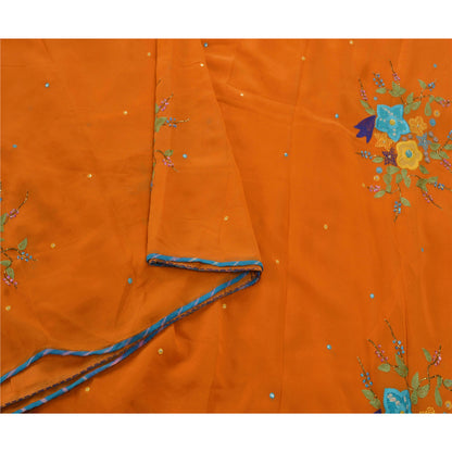 Sanskriti vintage Orange Sarees Georgette Hand Beaded Craft Fabric Premium Sari