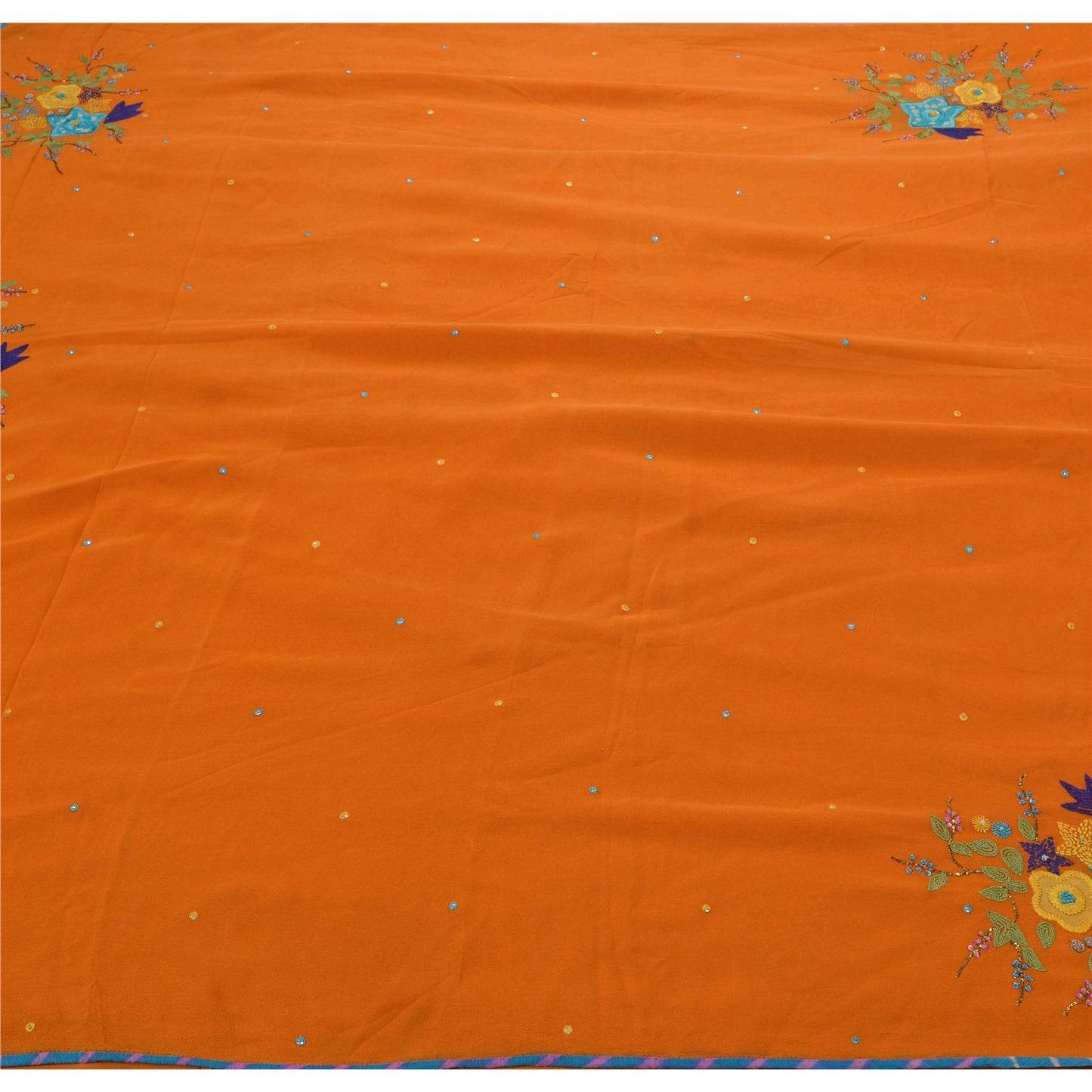 Sanskriti vintage Orange Sarees Georgette Hand Beaded Craft Fabric Premium Sari