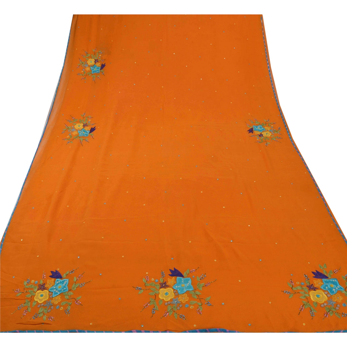 Sanskriti vintage Orange Sarees Georgette Hand Beaded Craft Fabric Premium Sari