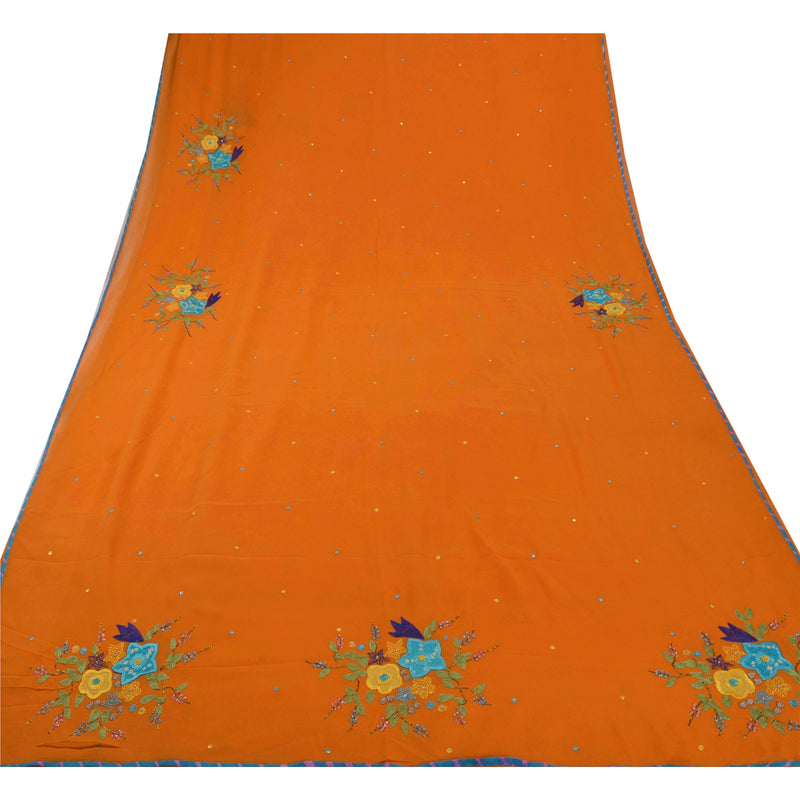 Sanskriti vintage Orange Sarees Georgette Hand Beaded Craft Fabric Premium Sari