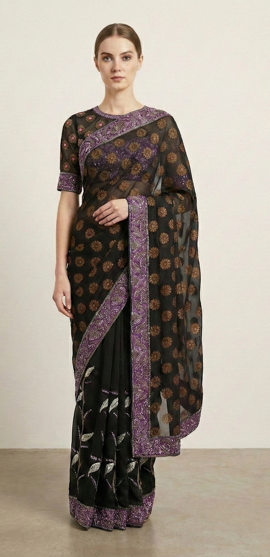 Sanskriti Vintage Saree Pure Georgette Silk Hand Beaded Sari Sustainable Fabric Blouse Piece