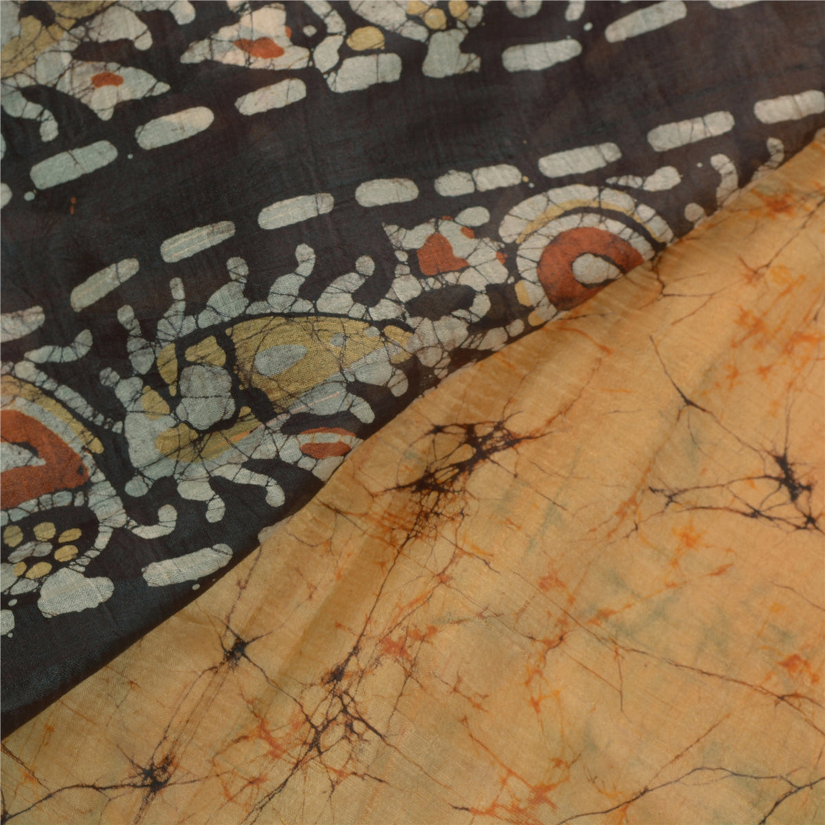 Sanskriti Vintage Batik Work Pure Silk Saree Cream-Brown Sari 5+Yd Craft Fabric
