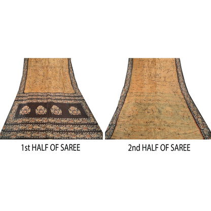 Sanskriti Vintage Batik Work Pure Silk Saree Cream-Brown Sari 5+Yd Craft Fabric