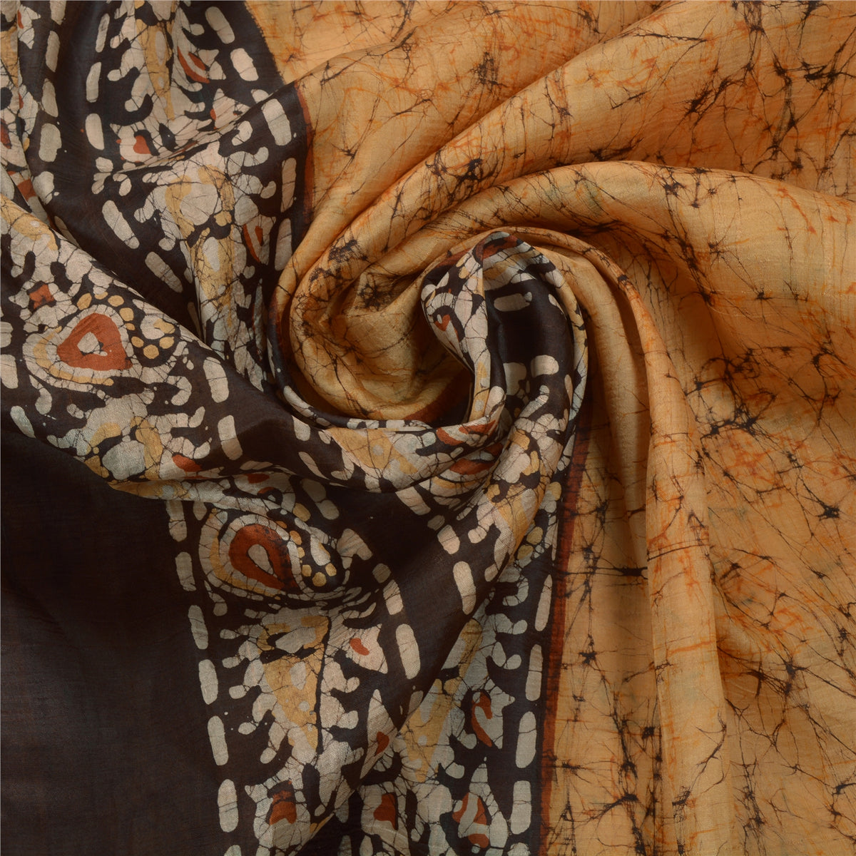 Sanskriti Vintage Batik Work Pure Silk Saree Cream-Brown Sari 5+Yd Craft Fabric