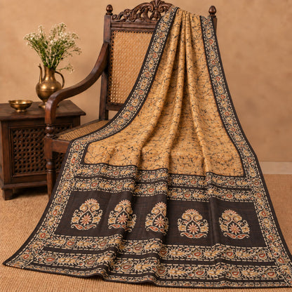 Sanskriti Vintage Batik Work Pure Silk Saree Cream-Brown Sari 5+Yd Craft Fabric