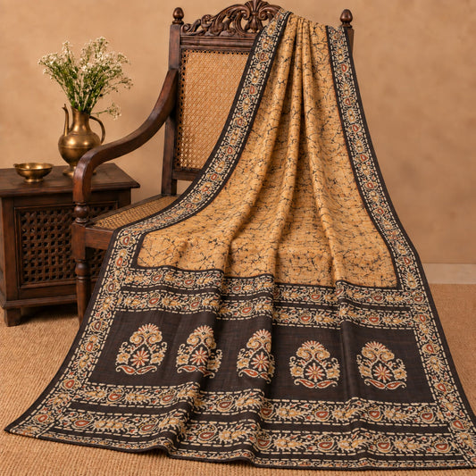 Sanskriti Vintage Batik Work Pure Silk Saree Cream-Brown Sari 5+Yd Craft Fabric