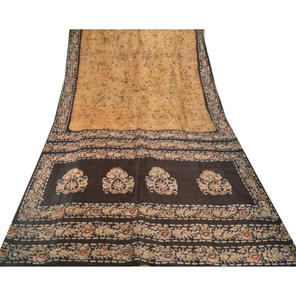 Sanskriti Vintage Batik Work Pure Silk Saree Cream-Brown Sari 5+Yd Craft Fabric
