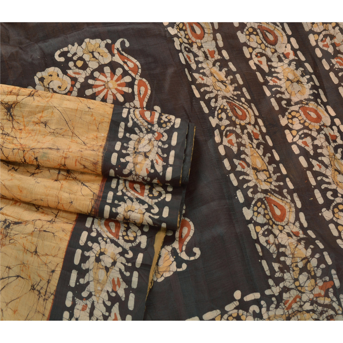 Sanskriti Vintage Batik Work Pure Silk Saree Cream-Brown Sari 5+Yd Craft Fabric