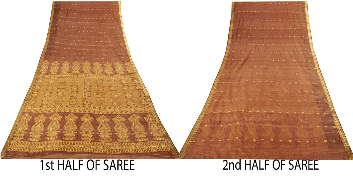 Sanskriti vintage Bhagalpuri Woven 100% Pure Tussar Silk Saree Brown Sari Fabric