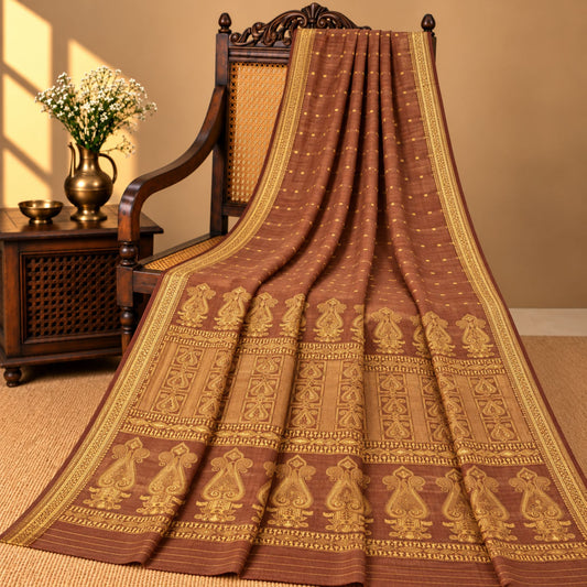 Sanskriti vintage Bhagalpuri Woven 100% Pure Tussar Silk Saree Brown Sari Fabric