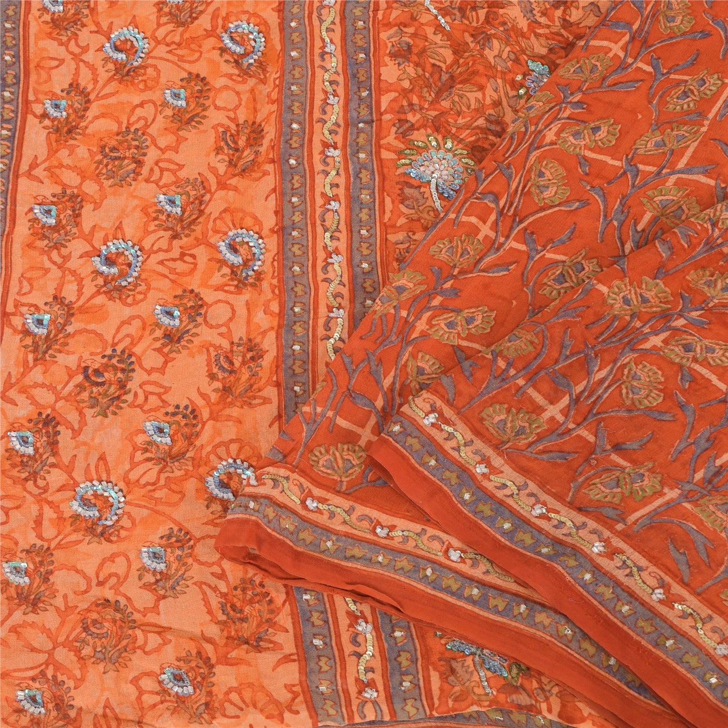 Sanskriti vintage Sarees Pure Georgette Silk Hand Beaded Premium 5yd Sari Fabric