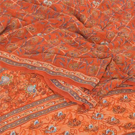 Sanskriti vintage Sarees Pure Georgette Silk Hand Beaded Premium 5yd Sari Fabric
