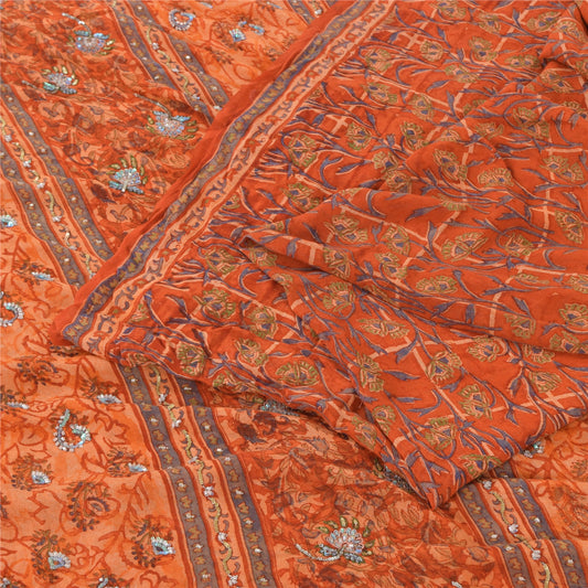 Sanskriti vintage Sarees Pure Georgette Silk Hand Beaded Premium 5yd Sari Fabric