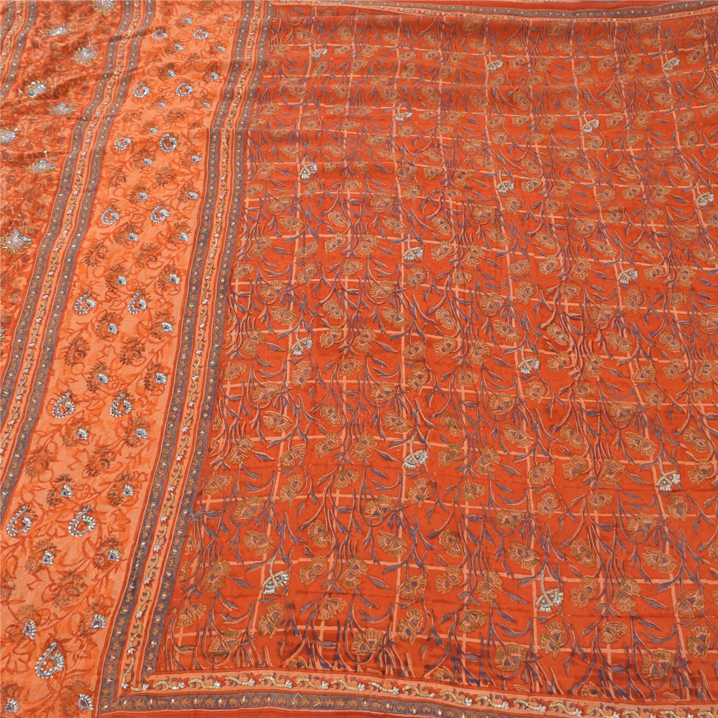 Sanskriti vintage Sarees Pure Georgette Silk Hand Beaded Premium 5yd Sari Fabric