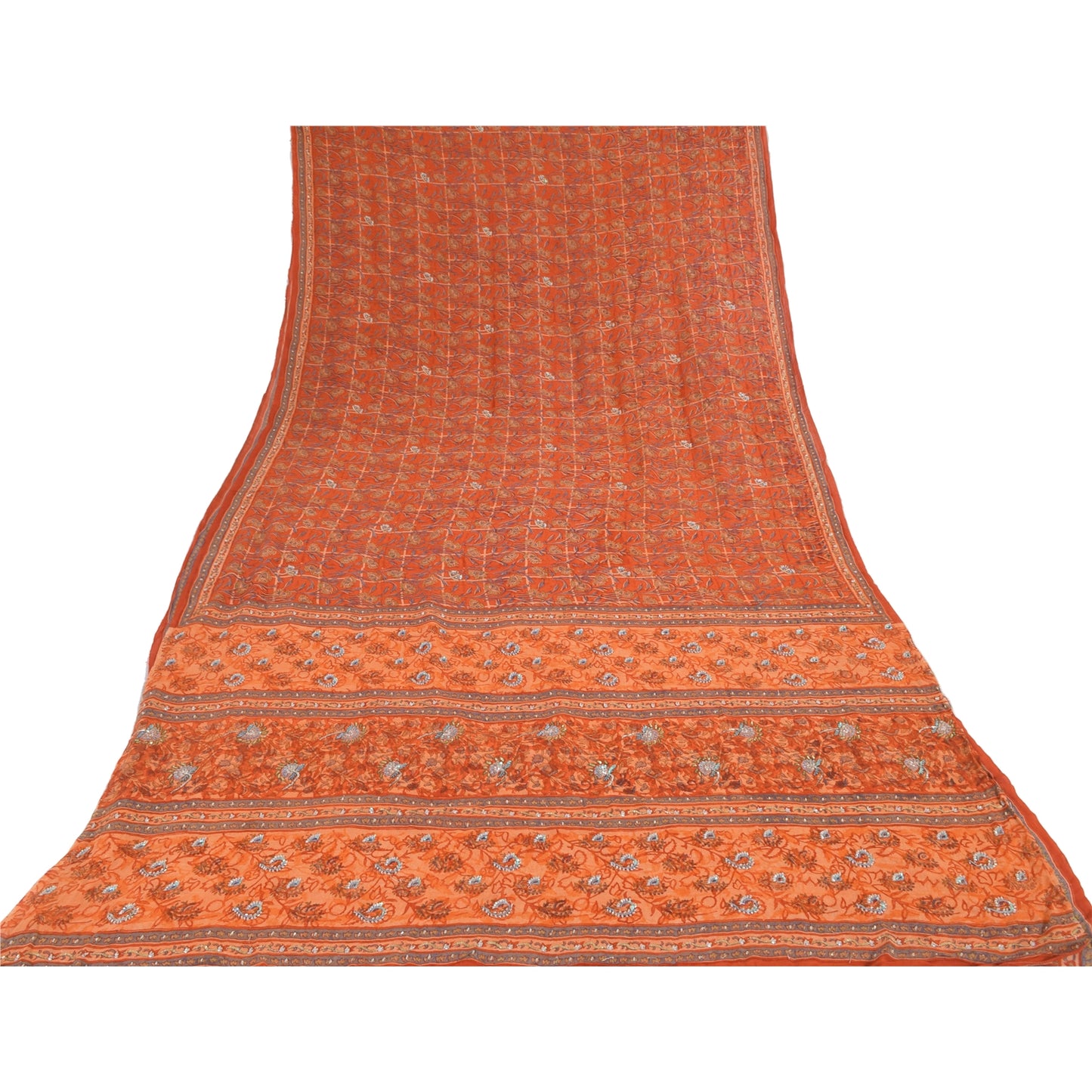 Sanskriti vintage Sarees Pure Georgette Silk Hand Beaded Premium 5yd Sari Fabric