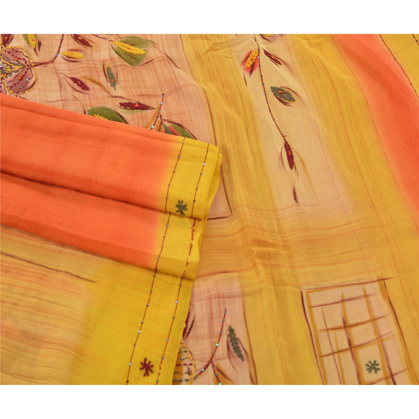 Sanskriti Vintage Yellow Sarees Pure Crepe Silk Hand Beaded Fabric Premium Sari