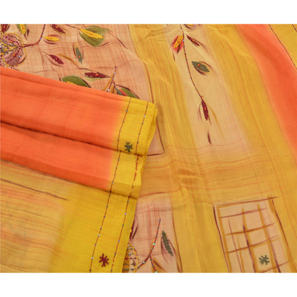 Sanskriti Vintage Yellow Sarees Pure Crepe Silk Hand Beaded Fabric Premium Sari