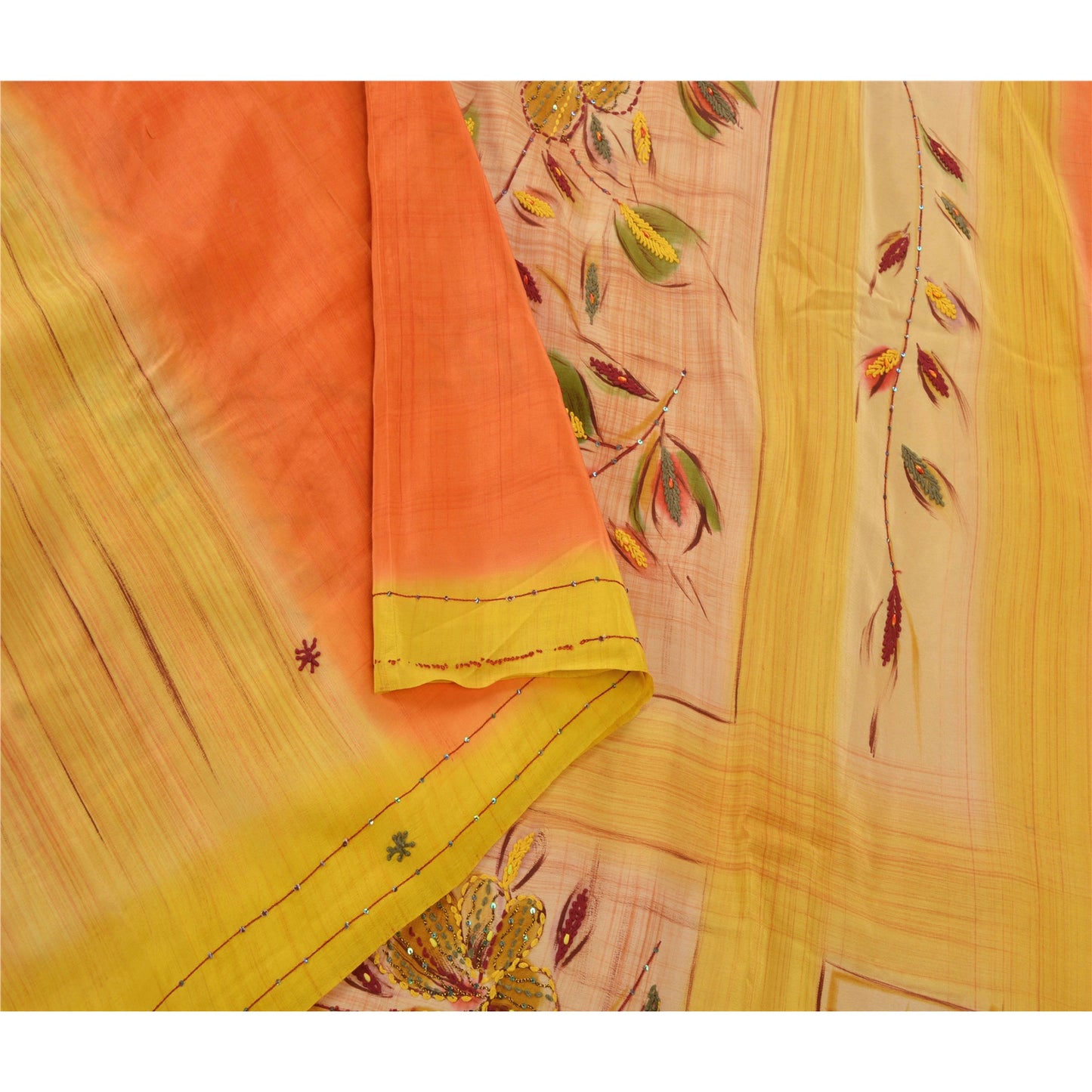 Sanskriti Vintage Yellow Sarees Pure Crepe Silk Hand Beaded Fabric Premium Sari