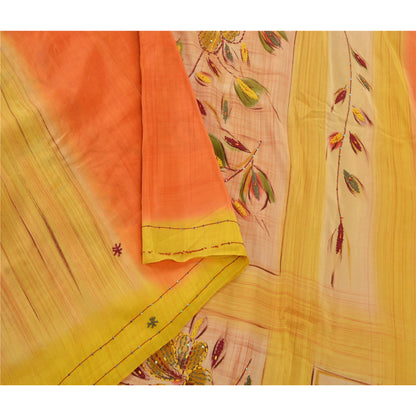 Sanskriti Vintage Yellow Sarees Pure Crepe Silk Hand Beaded Fabric Premium Sari