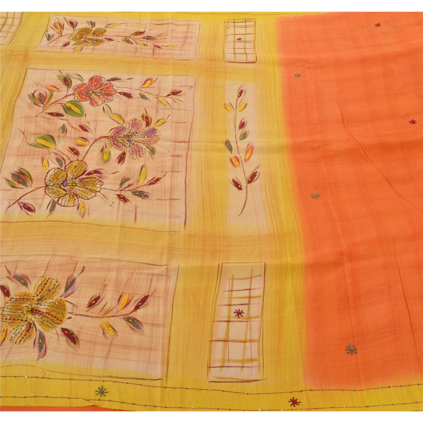 Sanskriti Vintage Yellow Sarees Pure Crepe Silk Hand Beaded Fabric Premium Sari