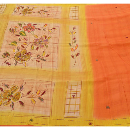 Sanskriti Vintage Yellow Sarees Pure Crepe Silk Hand Beaded Fabric Premium Sari