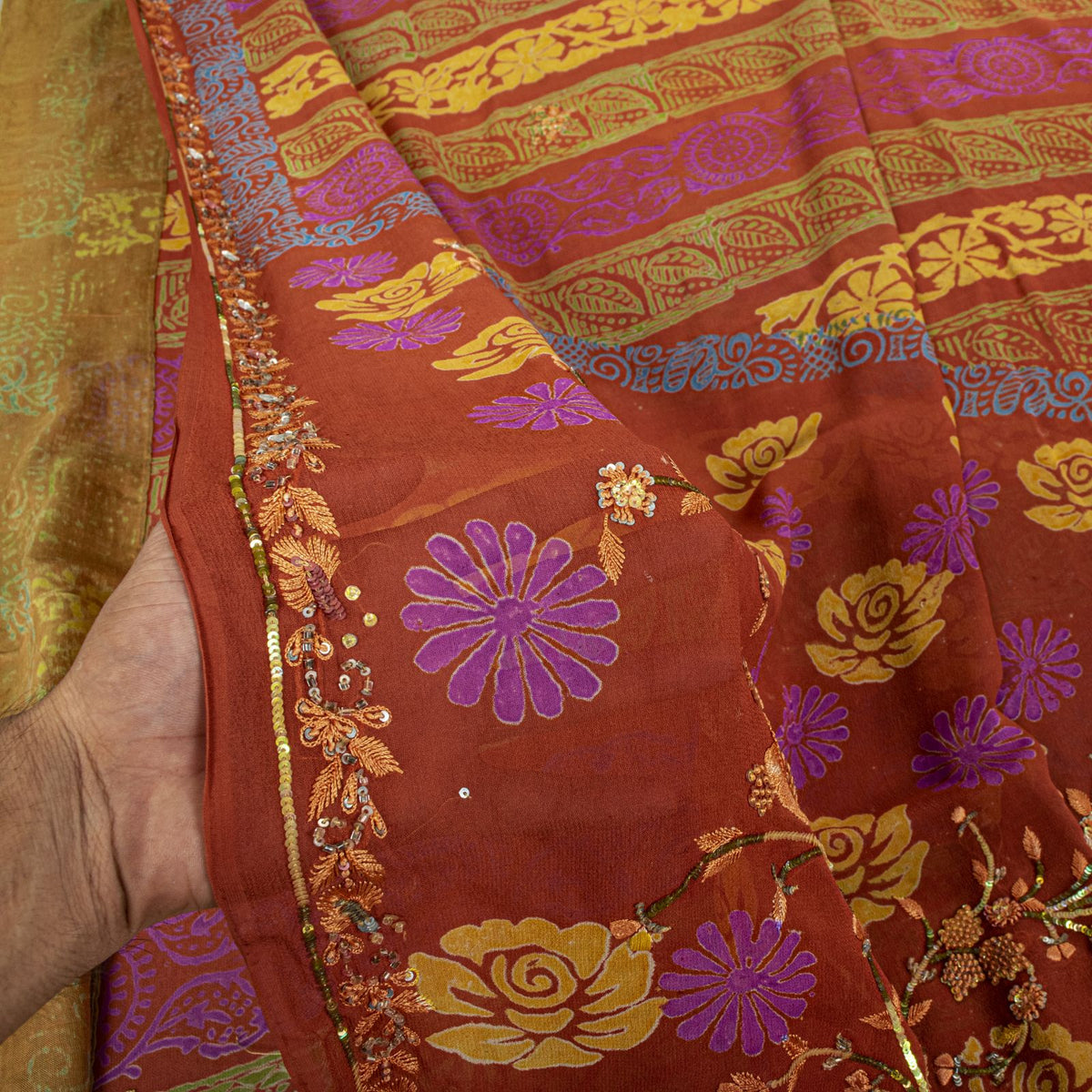 Sanskriti Vintage Hand Beaded-Print Saree Pure Georgette Silk Brown Sari Fabric