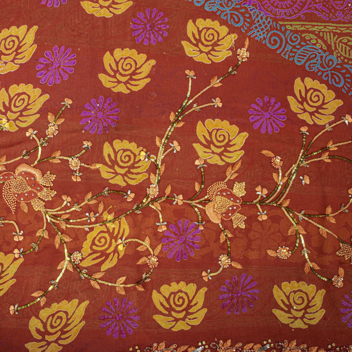 Sanskriti Vintage Hand Beaded-Print Saree Pure Georgette Silk Brown Sari Fabric