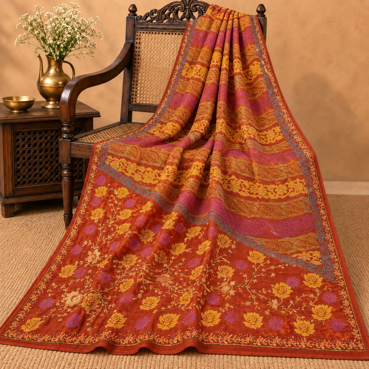 Sanskriti Vintage Hand Beaded-Print Saree Pure Georgette Silk Brown Sari Fabric