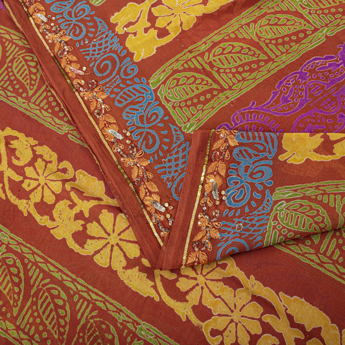 Sanskriti Vintage Hand Beaded-Print Saree Pure Georgette Silk Brown Sari Fabric