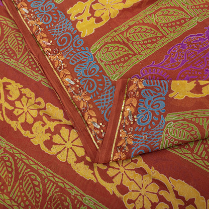 Sanskriti Vintage Hand Beaded-Print Saree Pure Georgette Silk Brown Sari Fabric