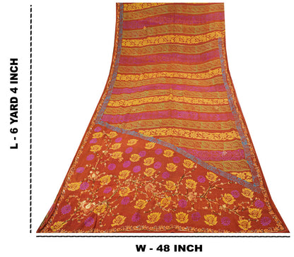 Sanskriti Vintage Hand Beaded-Print Saree Pure Georgette Silk Brown Sari Fabric