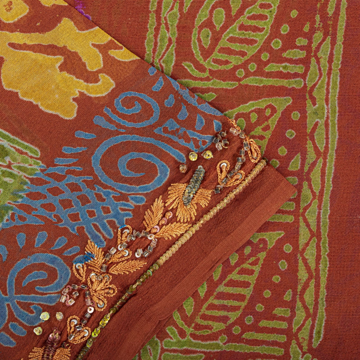 Sanskriti Vintage Hand Beaded-Print Saree Pure Georgette Silk Brown Sari Fabric