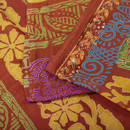 Sanskriti Vintage Hand Beaded-Print Saree Pure Georgette Silk Brown Sari Fabric