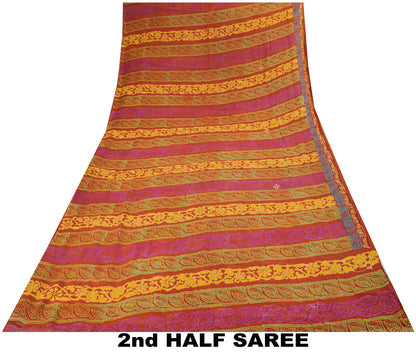 Sanskriti Vintage Hand Beaded-Print Saree Pure Georgette Silk Brown Sari Fabric