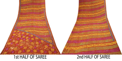 Sanskriti Vintage Hand Beaded-Print Saree Pure Georgette Silk Brown Sari Fabric