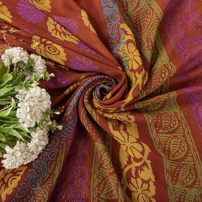 Sanskriti Vintage Hand Beaded-Print Saree Pure Georgette Silk Brown Sari Fabric