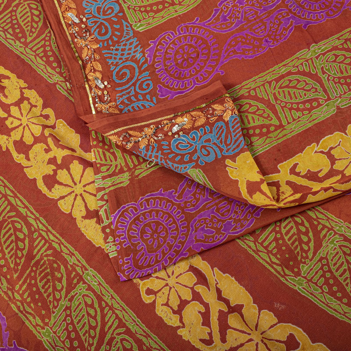 Sanskriti Vintage Hand Beaded-Print Saree Pure Georgette Silk Brown Sari Fabric