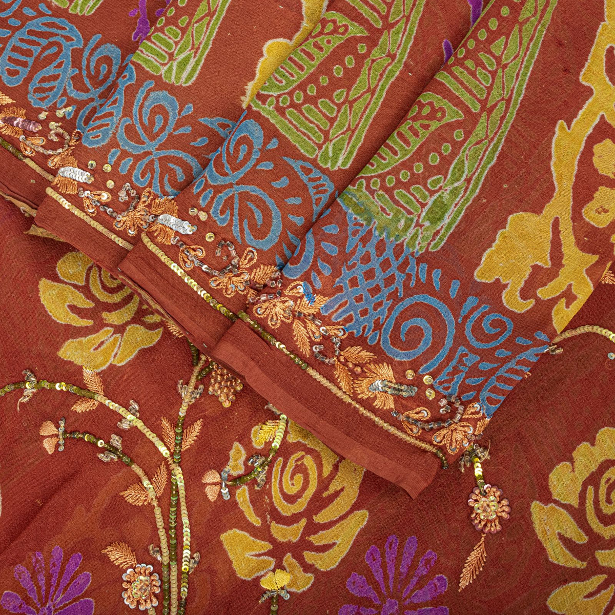 Sanskriti Vintage Hand Beaded-Print Saree Pure Georgette Silk Brown Sari Fabric