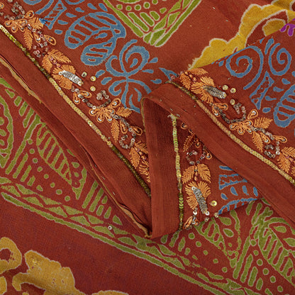 Sanskriti Vintage Hand Beaded-Print Saree Pure Georgette Silk Brown Sari Fabric