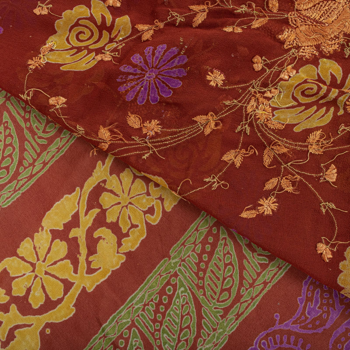 Sanskriti Vintage Hand Beaded-Print Saree Pure Georgette Silk Brown Sari Fabric