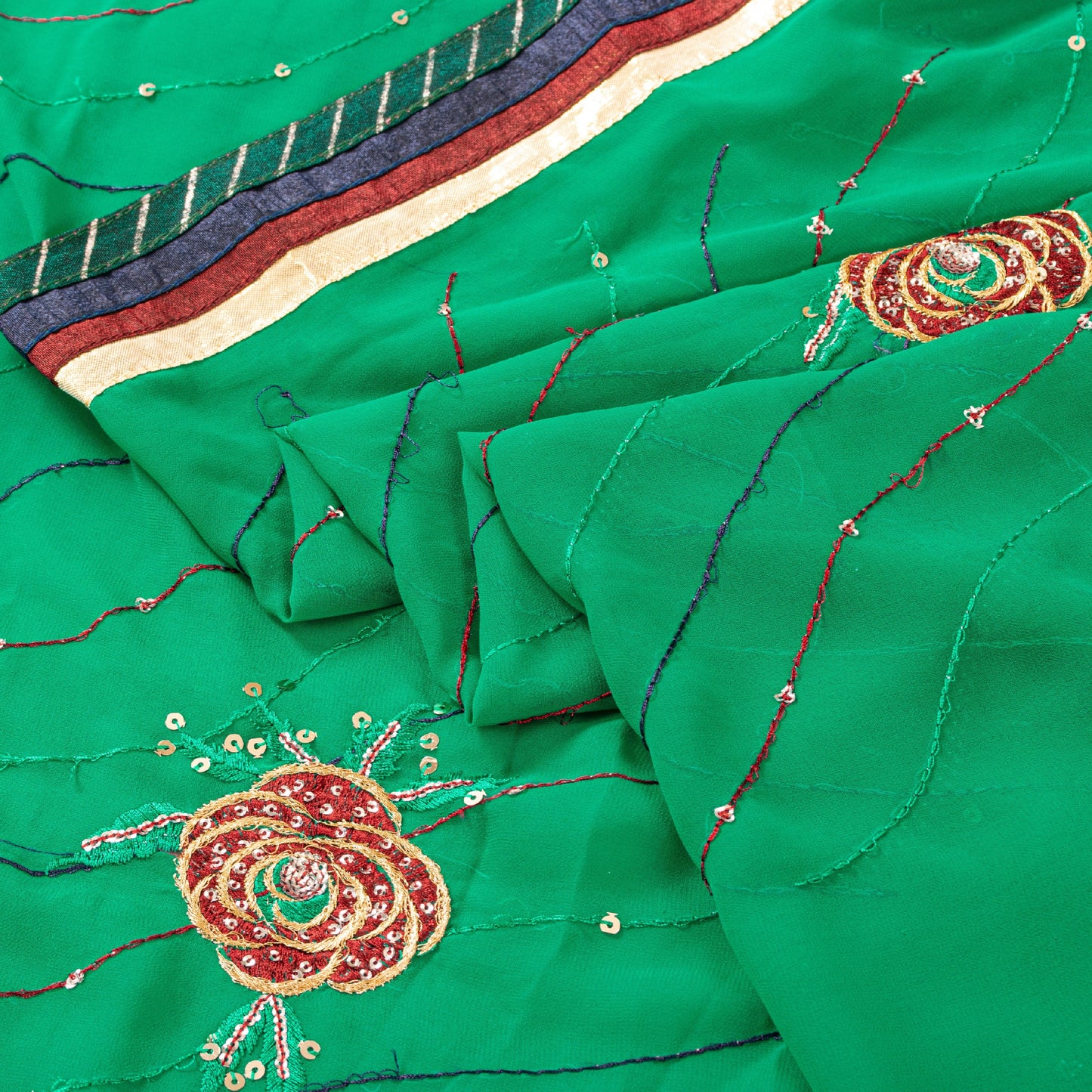Sanskriti Vintage Sari Georgette Green Sarees Embroidered Thread Sequins Work Lace Work Craft Supplies Fabric With Blouse Piece