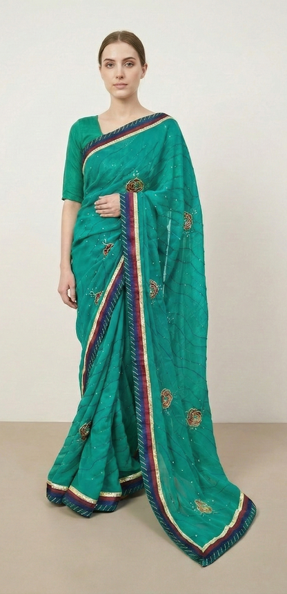 Sanskriti Vintage Sari Georgette Green Sarees Embroidered Thread Sequins Work Lace Work Craft Supplies Fabric With Blouse Piece