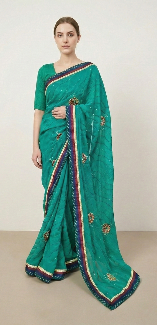 Sanskriti Vintage Green Sarees Georgette Hand Beaded & Patch Work Fabric Sari