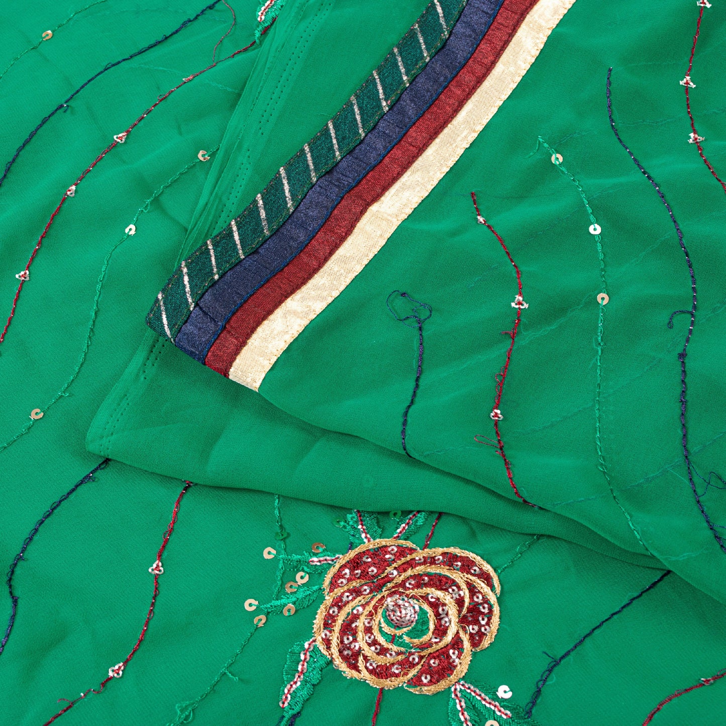 Sanskriti Vintage Sari Georgette Green Sarees Embroidered Thread Sequins Work Lace Work Craft Supplies Fabric With Blouse Piece