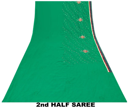Sanskriti Vintage Sari Georgette Green Sarees Embroidered Thread Sequins Work Lace Work Craft Supplies Fabric With Blouse Piece
