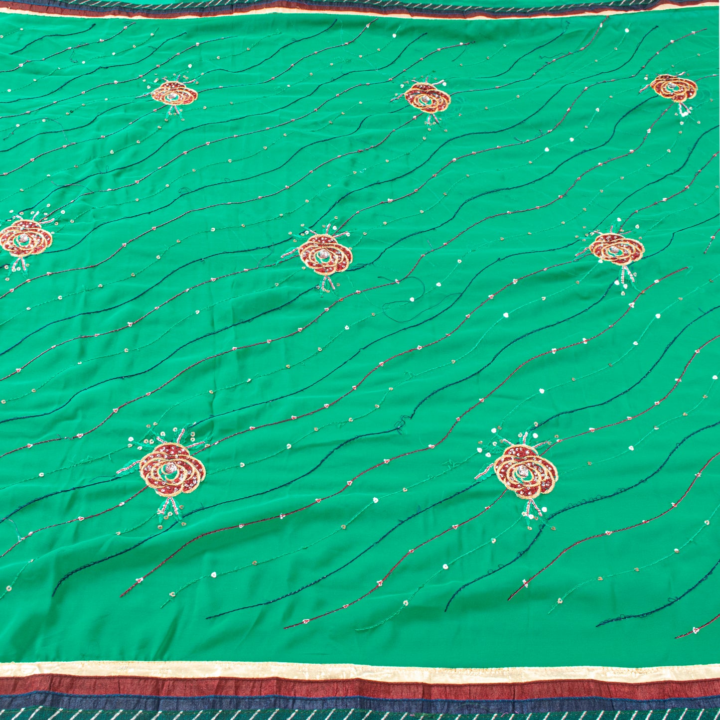 Sanskriti Vintage Sari Georgette Green Sarees Embroidered Thread Sequins Work Lace Work Craft Supplies Fabric With Blouse Piece