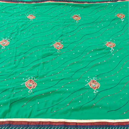 Sanskriti Vintage Sari Georgette Green Sarees Embroidered Thread Sequins Work Lace Work Craft Supplies Fabric With Blouse Piece