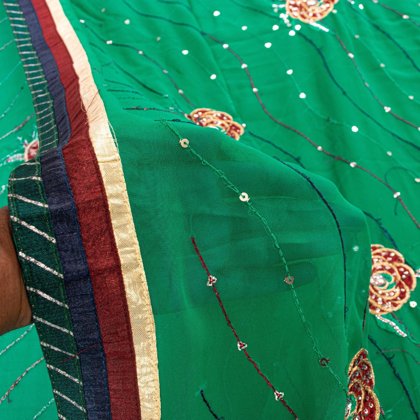 Sanskriti Vintage Sari Georgette Green Sarees Embroidered Thread Sequins Work Lace Work Craft Supplies Fabric With Blouse Piece