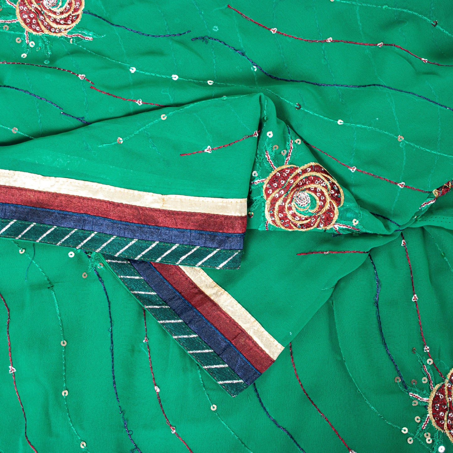 Sanskriti Vintage Sari Georgette Green Sarees Embroidered Thread Sequins Work Lace Work Craft Supplies Fabric With Blouse Piece